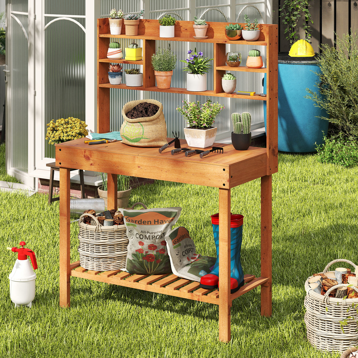 Wooden Potting Bench Table 61" with 3-Tier Shelf - Brown