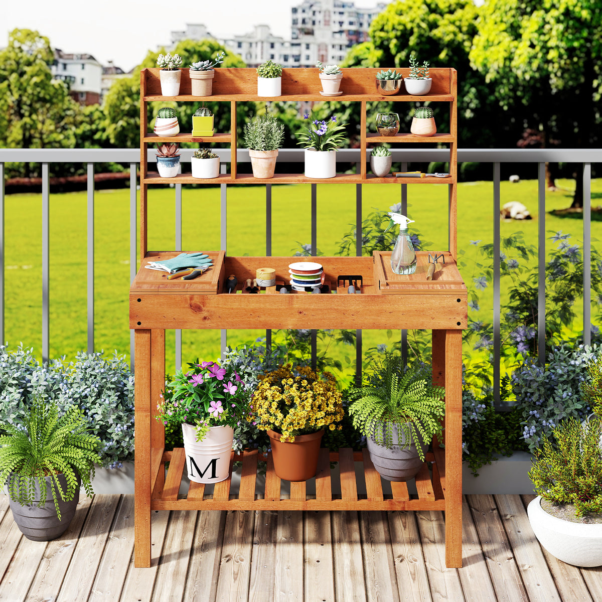 Wooden Potting Bench Table 61" with 3-Tier Shelf - Brown