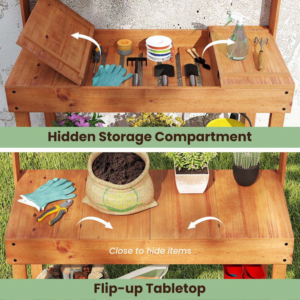 Wooden Potting Bench Table 61" with 3-Tier Shelf - Brown