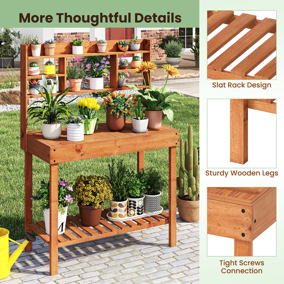 Wooden Potting Bench Table 61" with 3-Tier Shelf - Brown