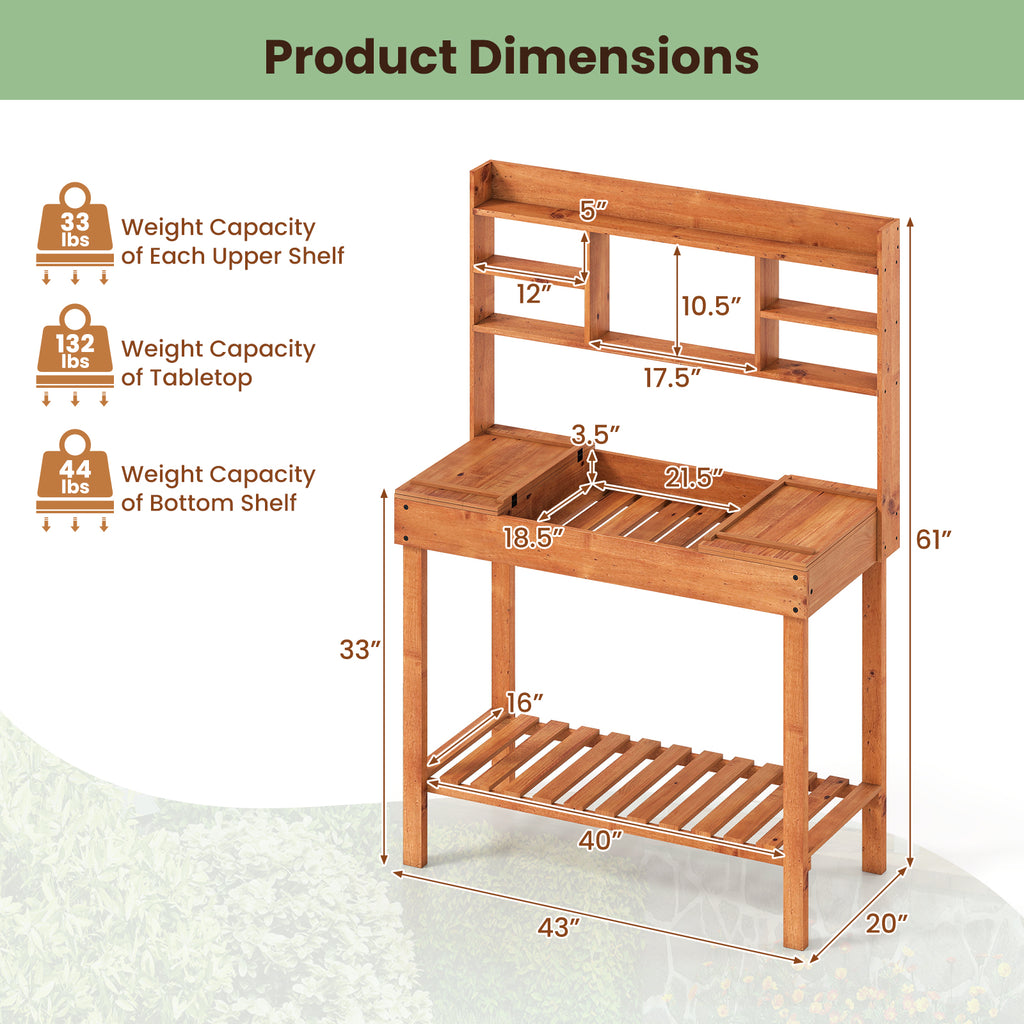 Wooden Potting Bench Table 61" with 3-Tier Shelf - Brown