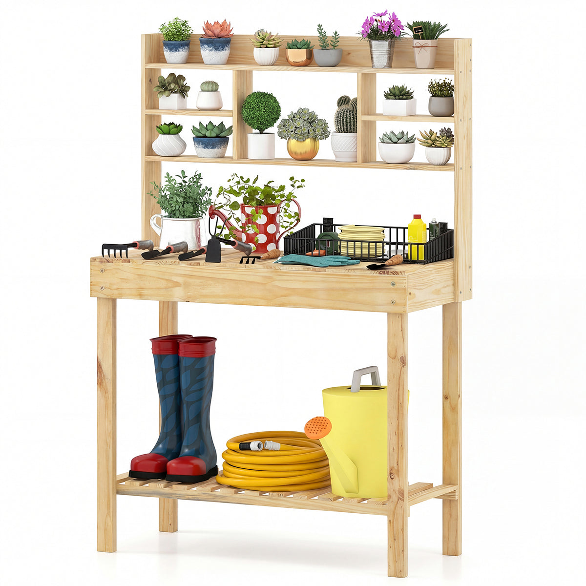 Wooden Potting Bench Table with 3-Tier Shelf - Brown