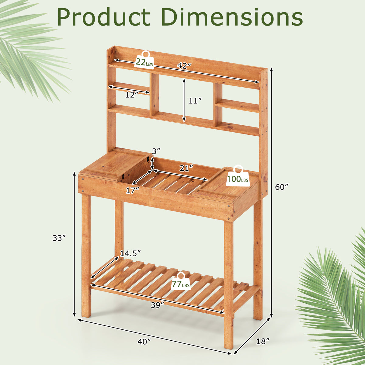 Wooden Potting Bench Table with 3-Tier Shelf - Brown