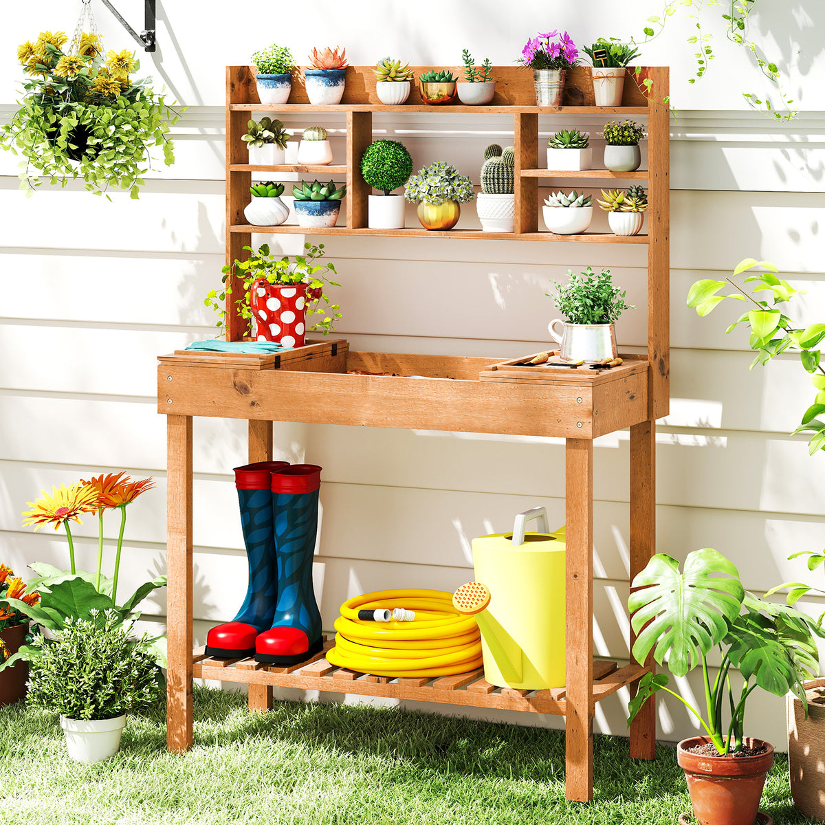 Wooden Potting Bench Table with 3-Tier Shelf - Brown