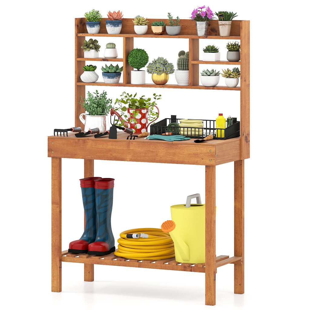 Wooden Potting Bench Table with 3-Tier Shelf - Brown