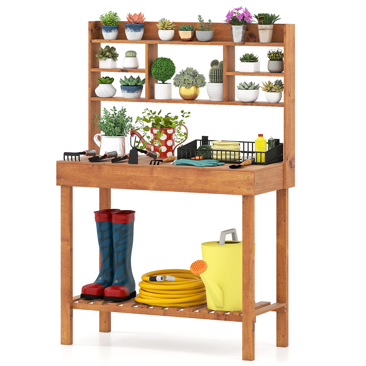 Wooden Potting Bench Table with 3-Tier Shelf - Brown