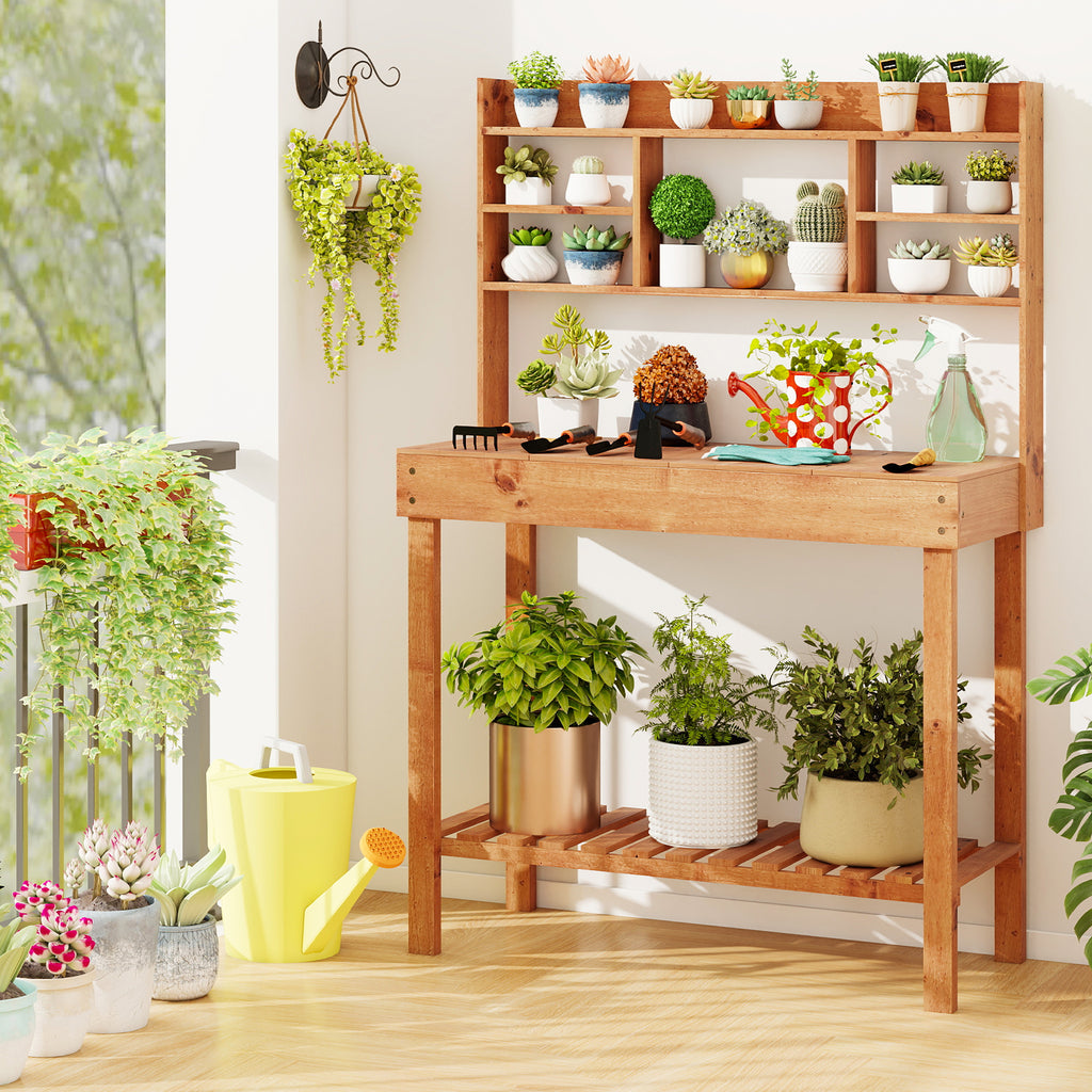 Wooden Potting Bench Table with 3-Tier Shelf - Brown