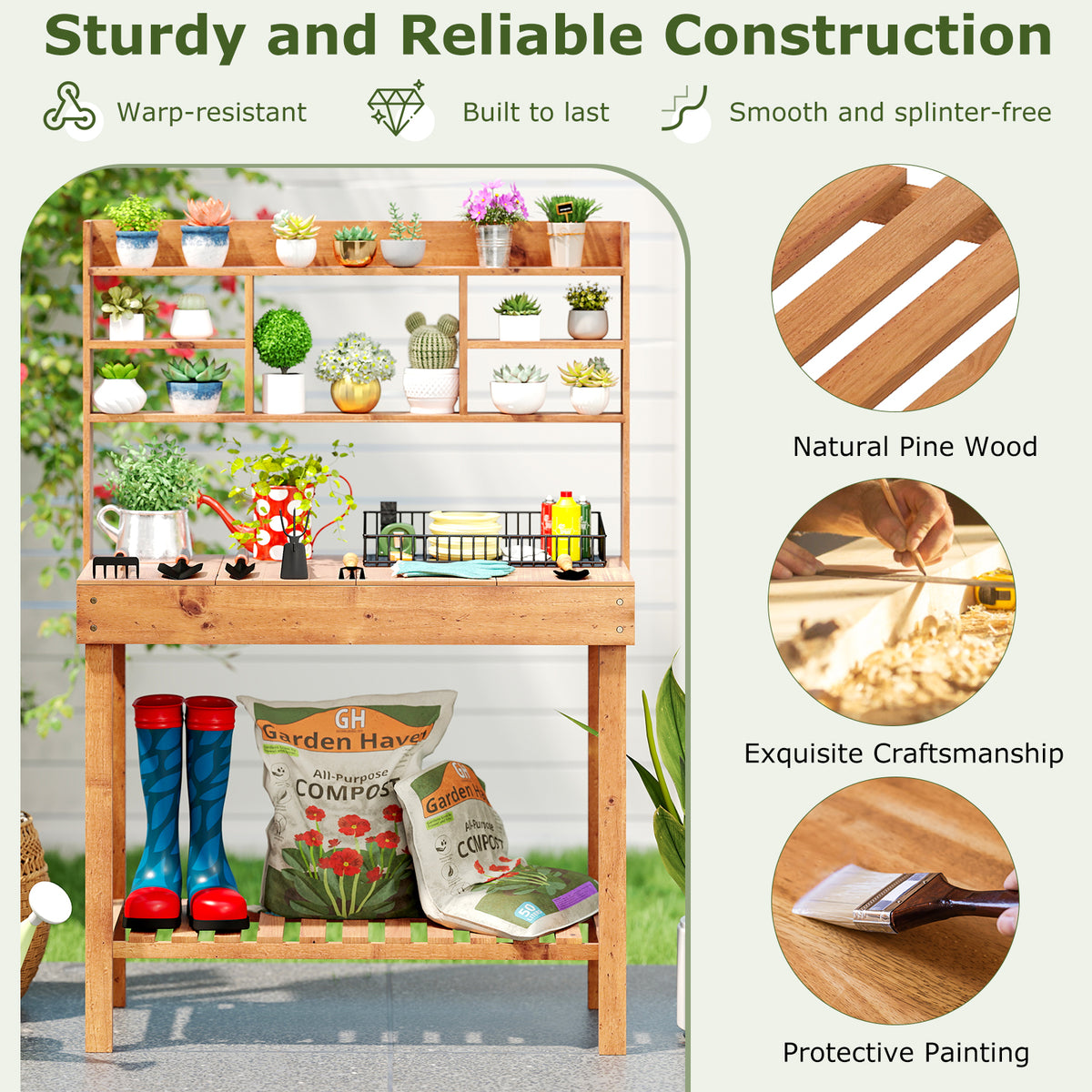 Wooden Potting Bench Table with 3-Tier Shelf - Brown