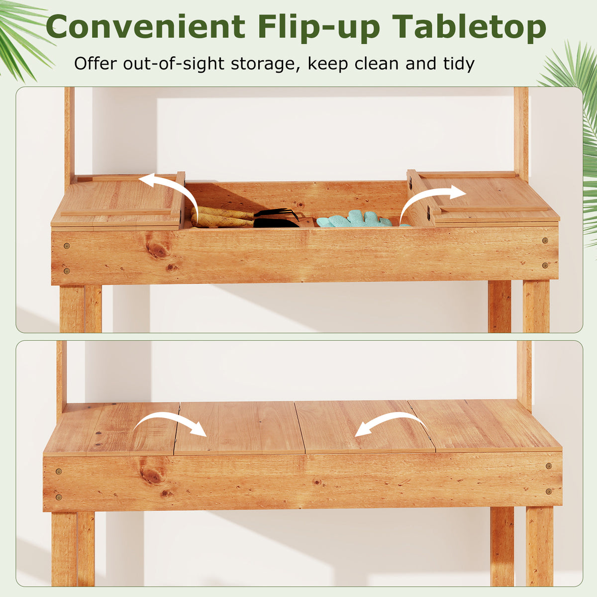 Wooden Potting Bench Table with 3-Tier Shelf - Brown