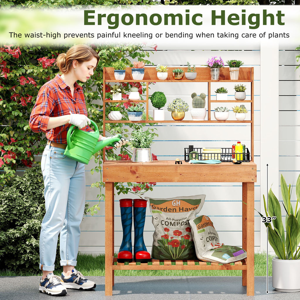Wooden Potting Bench Table with 3-Tier Shelf - Brown