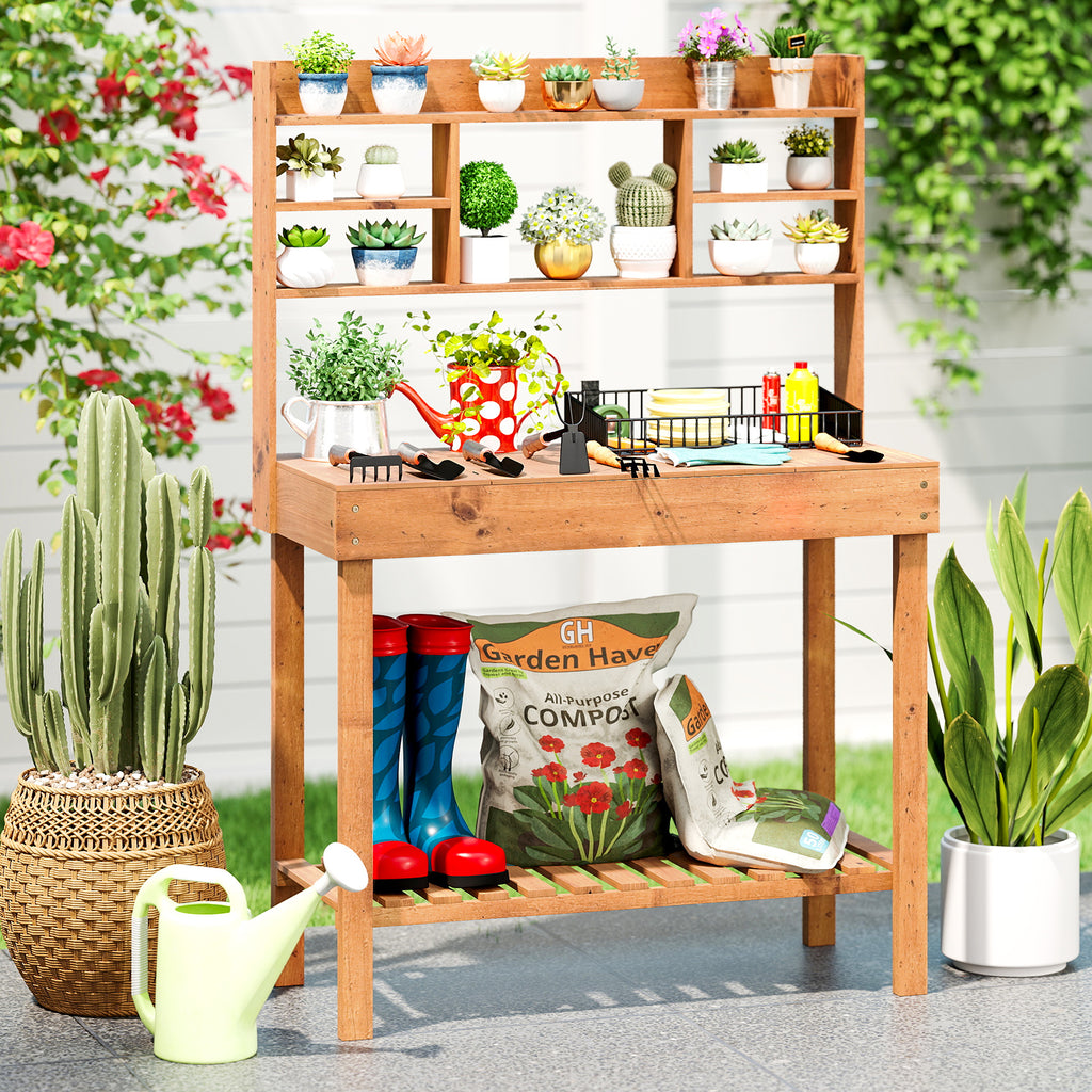 Wooden Potting Bench Table with 3-Tier Shelf - Brown