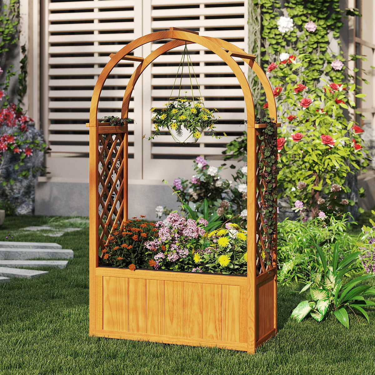 Wooden Raised Garden Bed with Lattice Trellis and Arched Roof