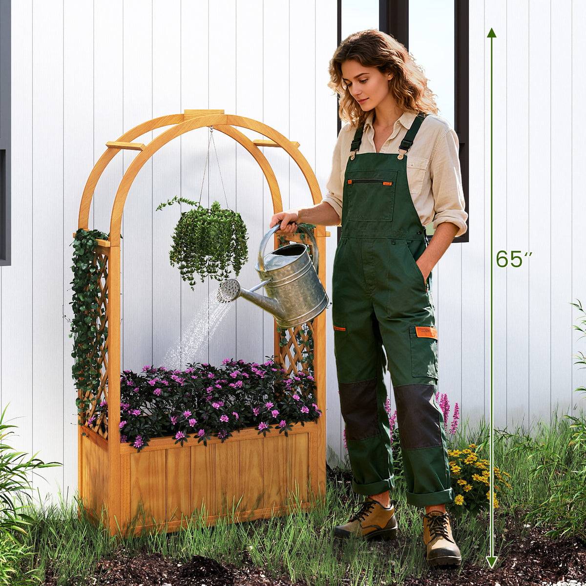 Wooden Raised Garden Bed with Lattice Trellis and Arched Roof