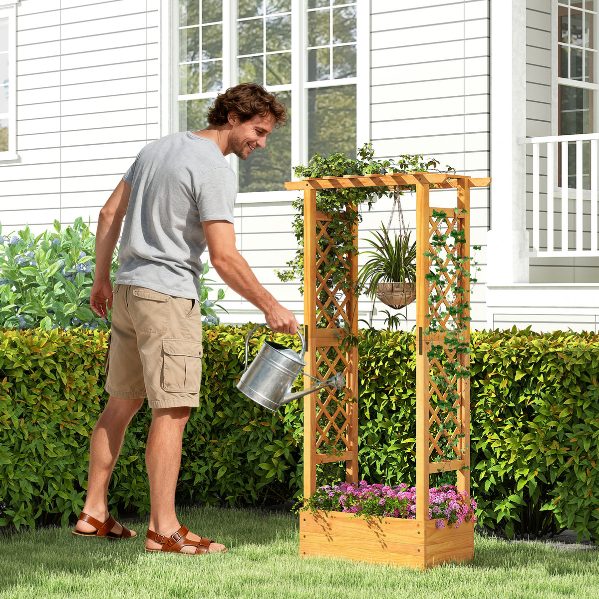 Wooden Raised Garden Bed with Lattice Trellis and Roof - 60 Inch, Orange