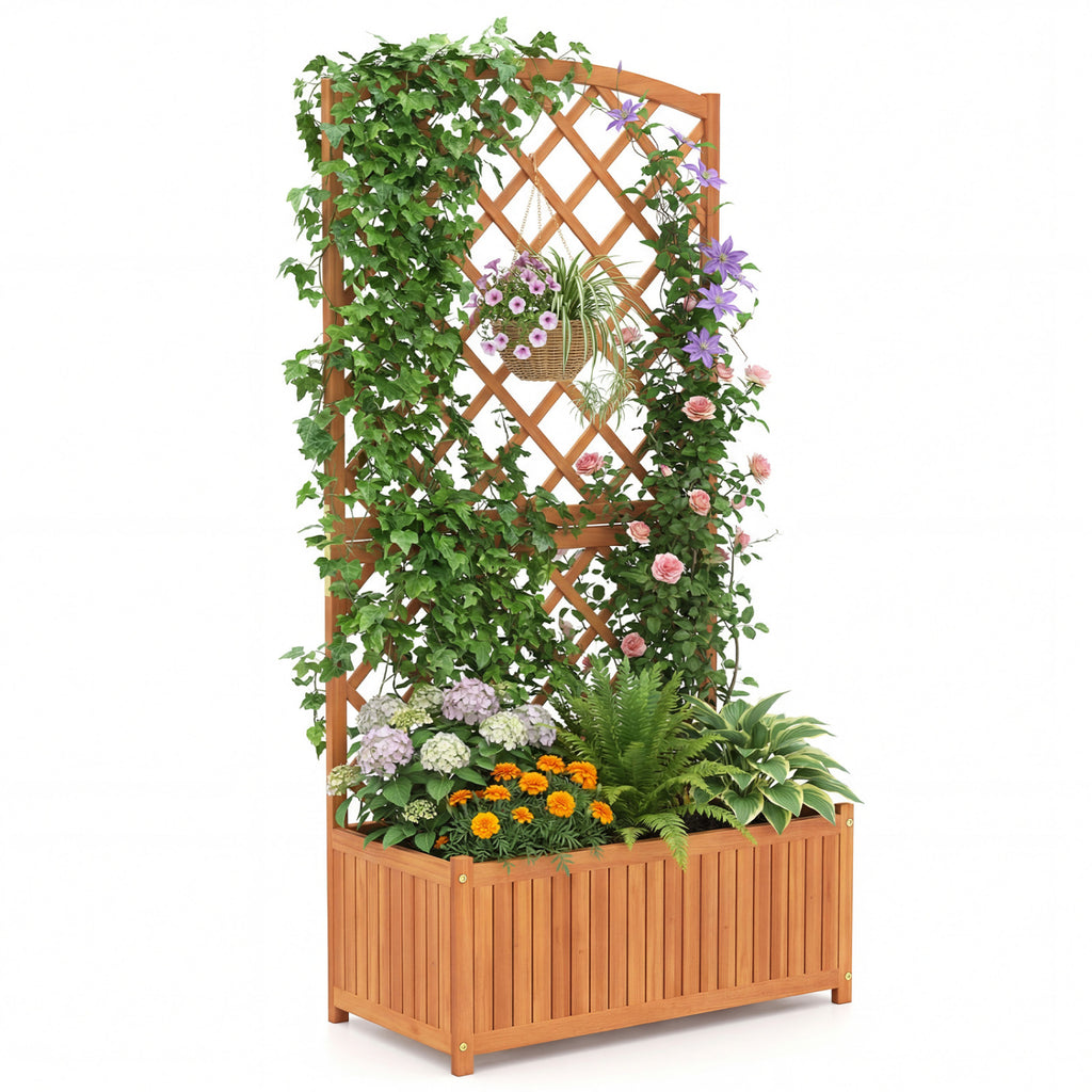 Wooden Raised Garden Bed with Trellis 63 Inch Tall Planter