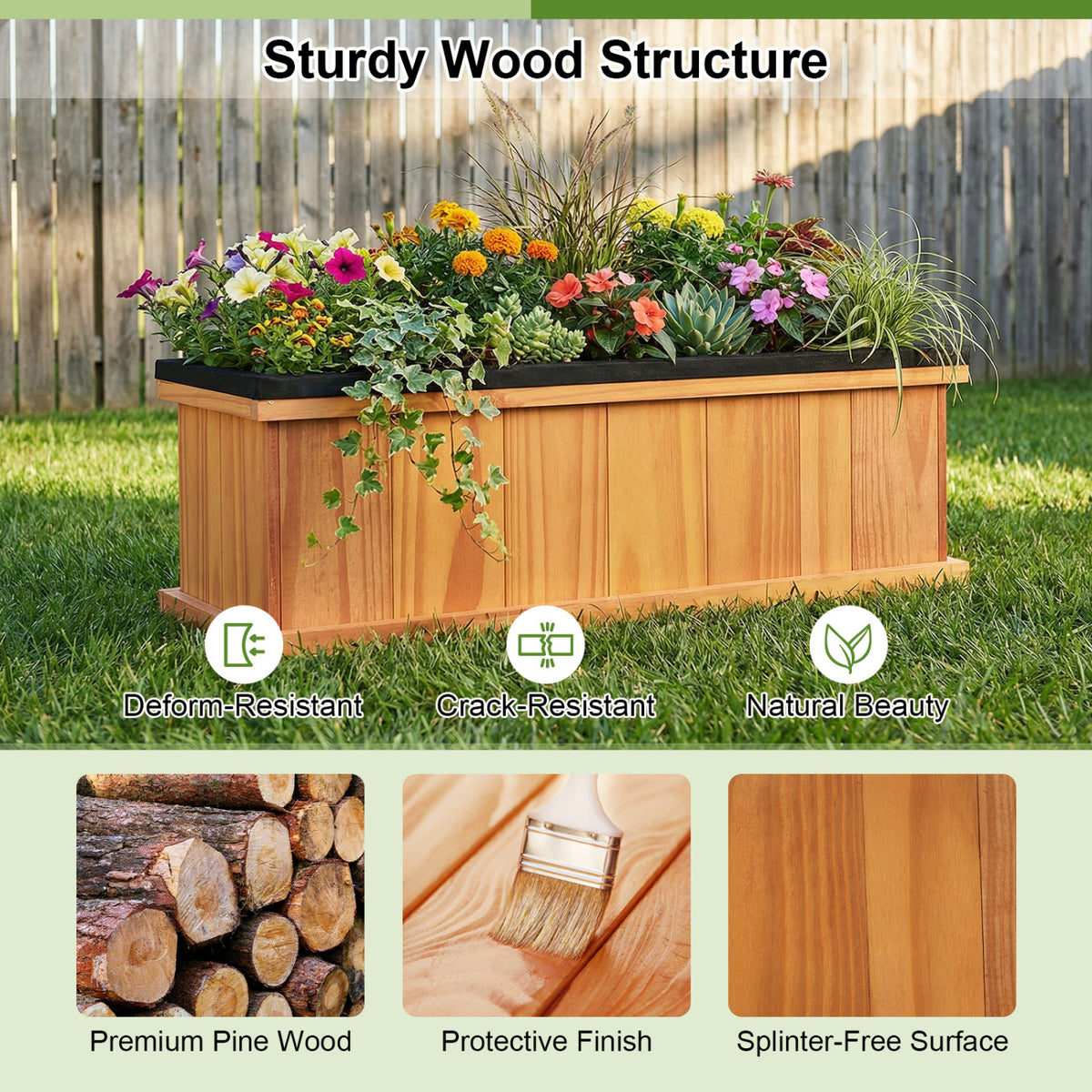 Wooden Raised Garden Bed Planter with Drainage & Liner - M