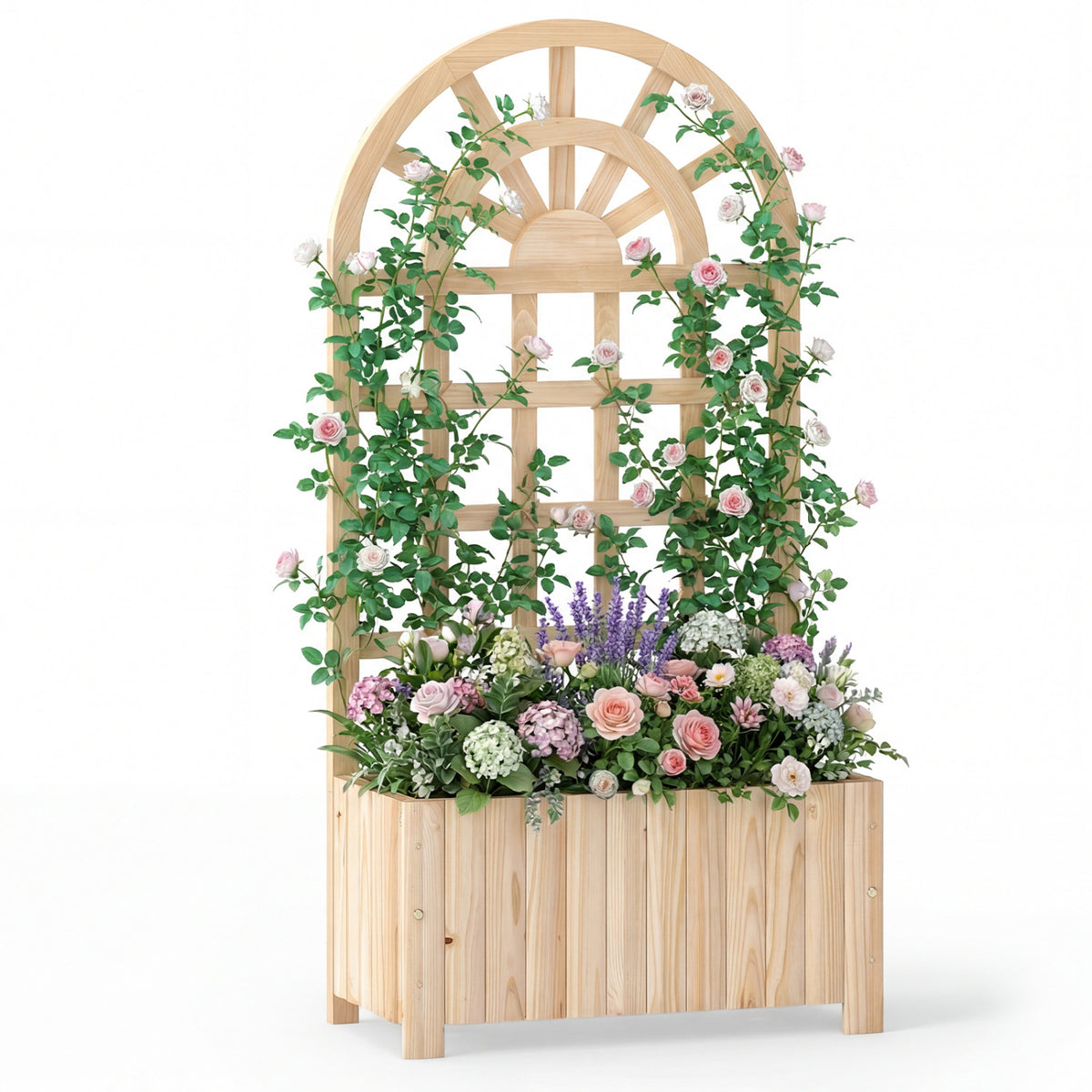 Wooden Raised Garden Bed with Trellis 48 Inch Natural