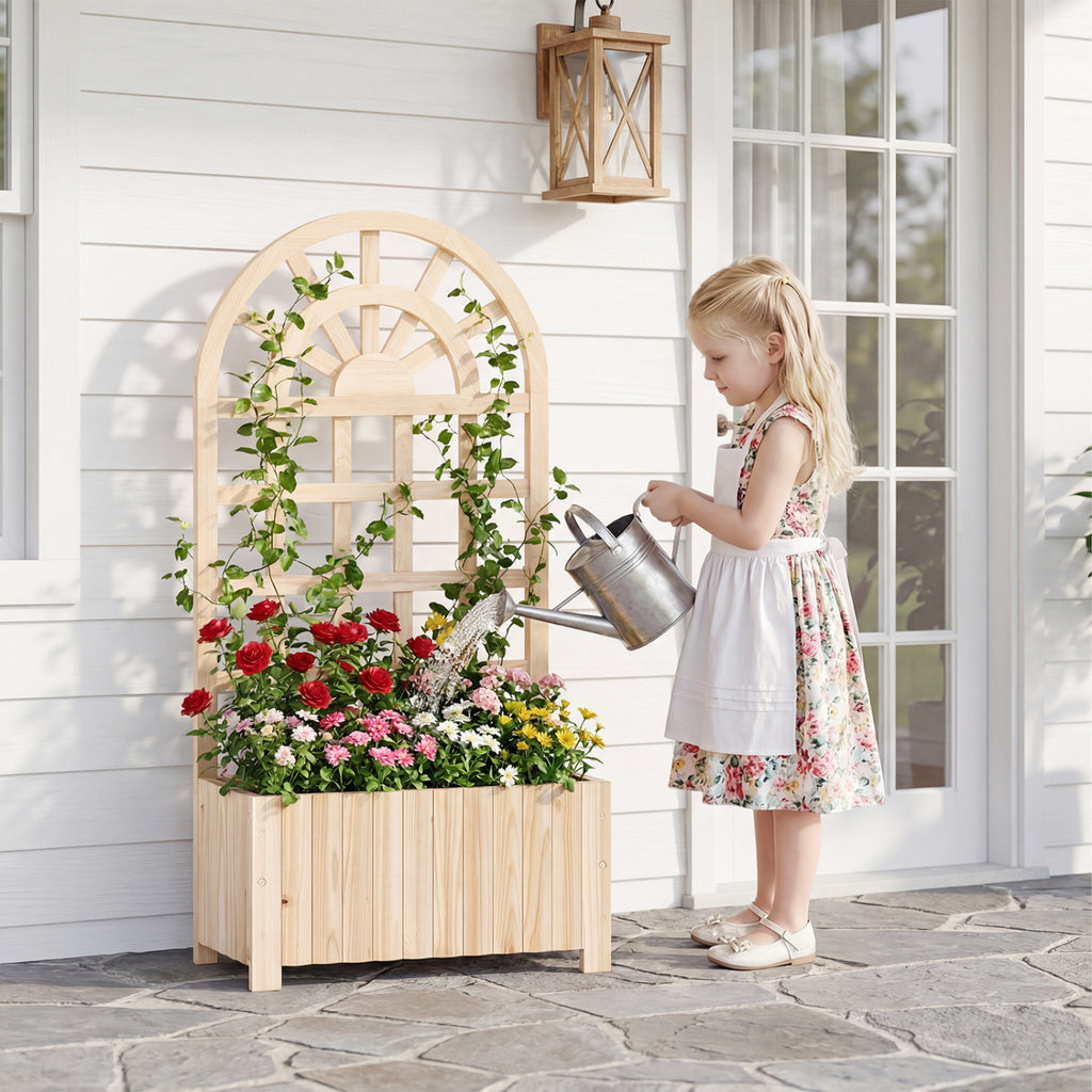 Wooden Raised Garden Bed with Trellis 48 Inch Natural