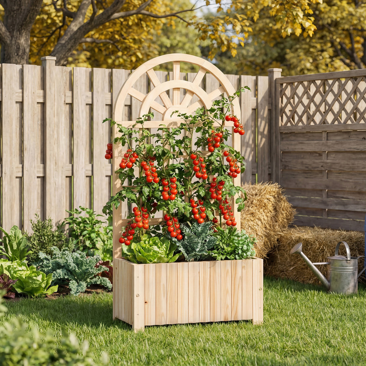 Wooden Raised Garden Bed with Trellis 48 Inch Natural