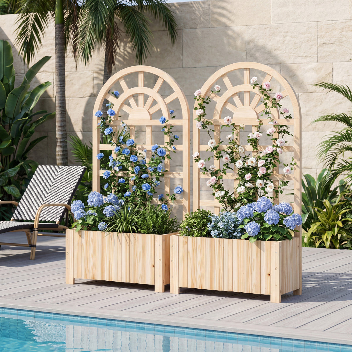 Wooden Raised Garden Bed with Trellis 48 Inch Natural