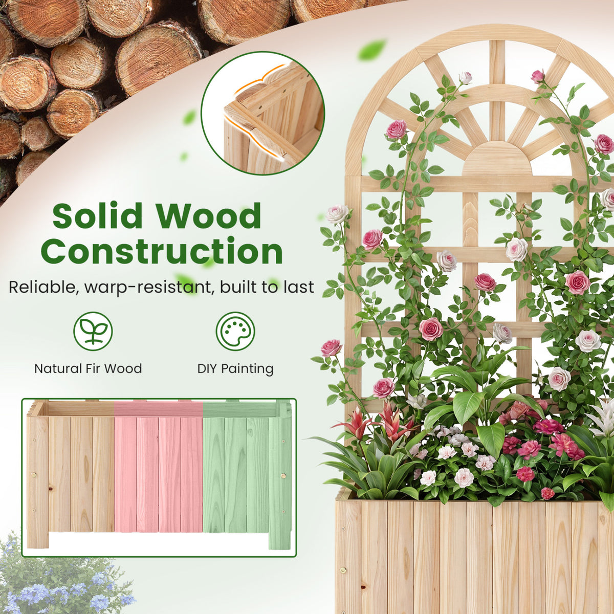 Wooden Raised Garden Bed with Trellis 48 Inch Natural