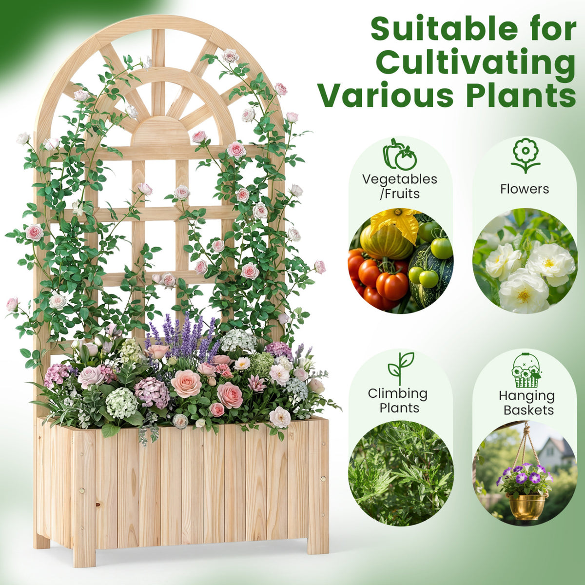 Wooden Raised Garden Bed with Trellis 48 Inch Natural