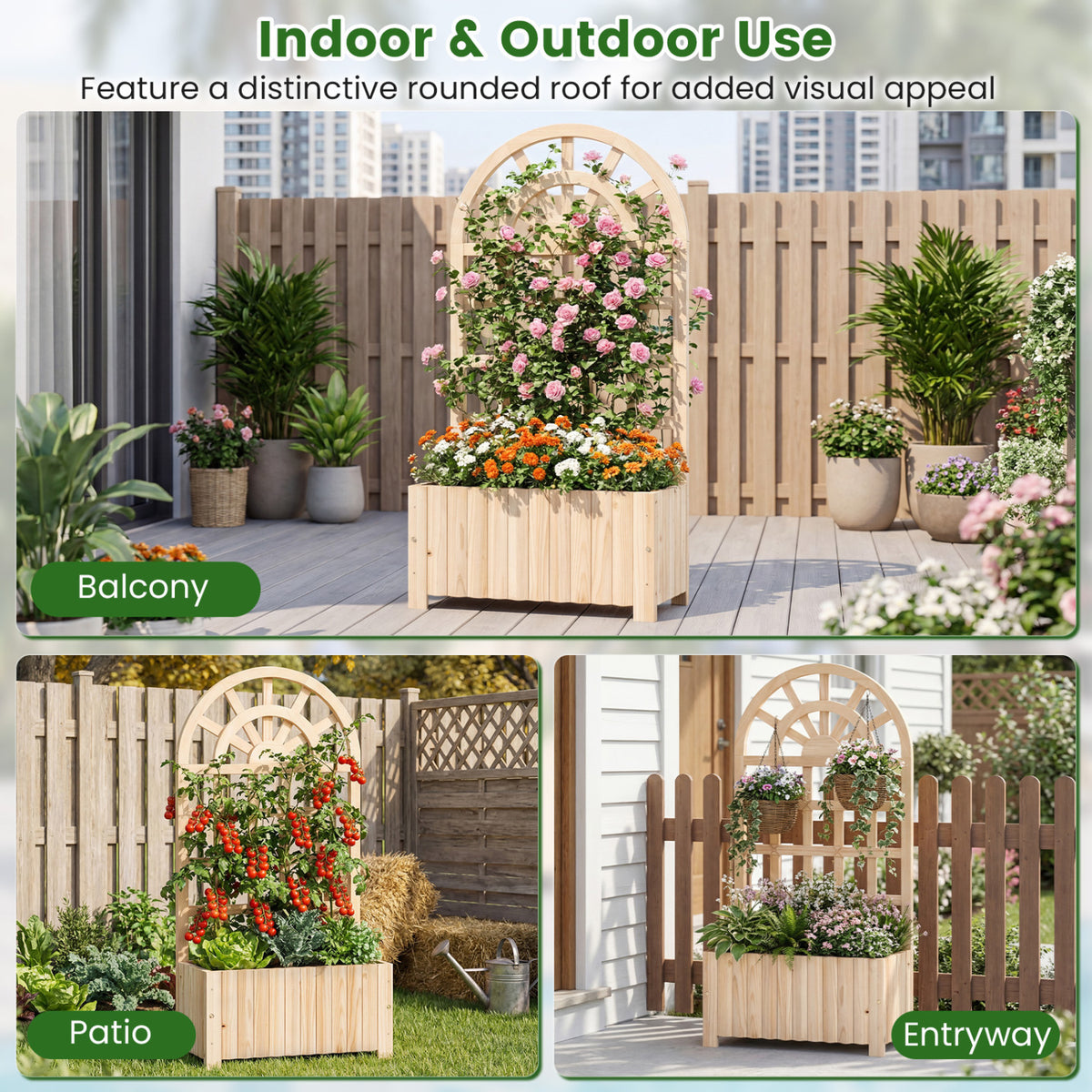 Wooden Raised Garden Bed with Trellis 48 Inch Natural