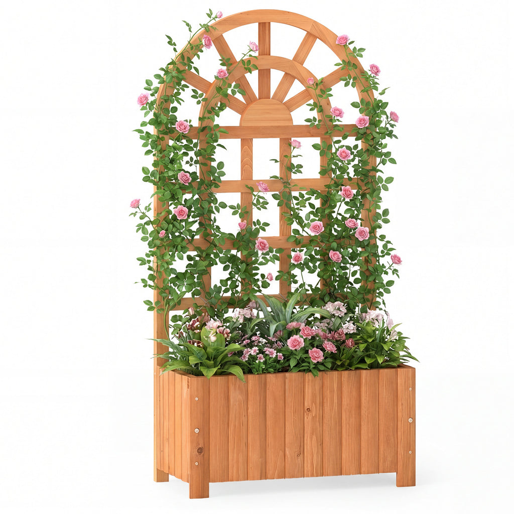Wooden Raised Garden Bed with Trellis 48 Inch Natural