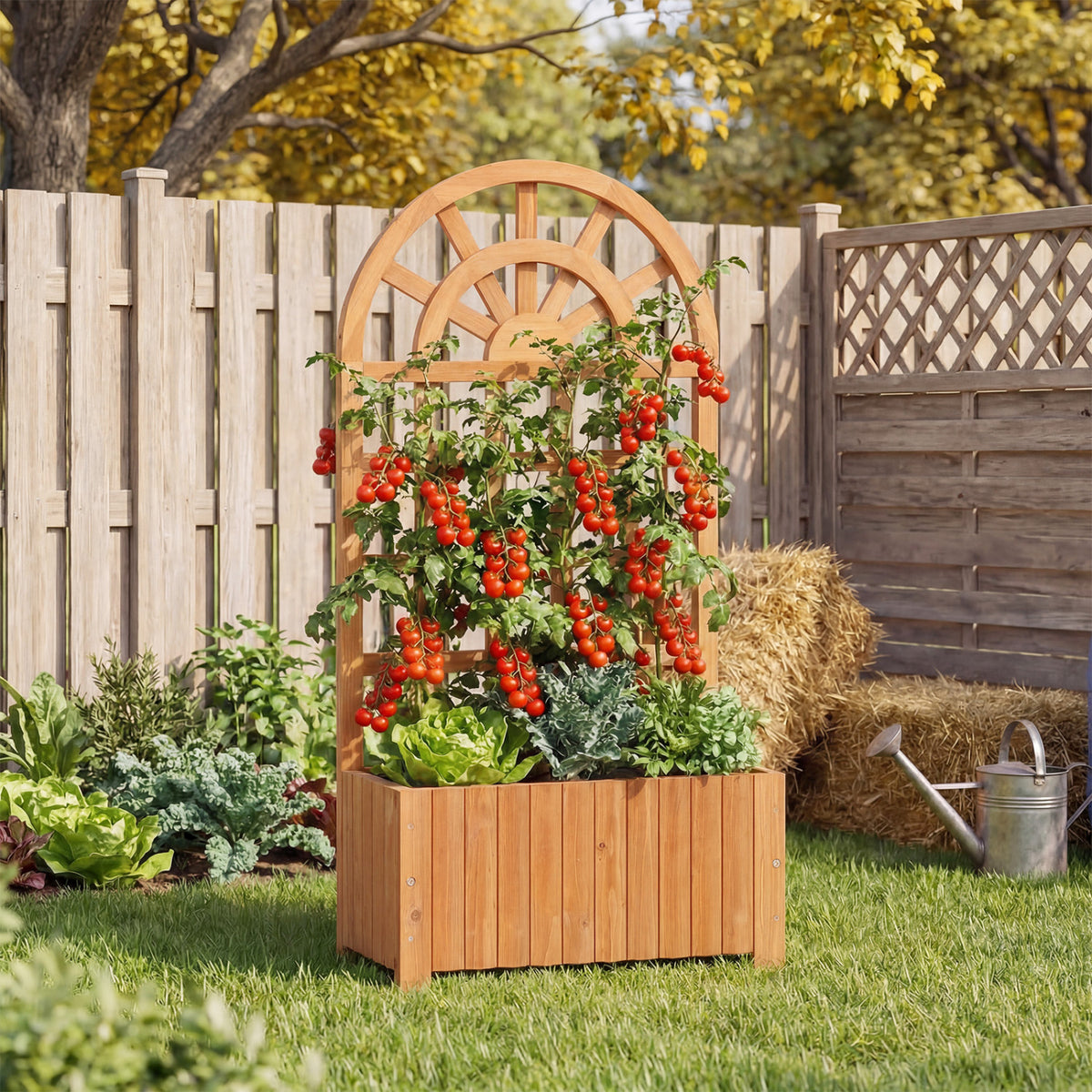 Wooden Raised Garden Bed with Trellis 48 Inch Natural