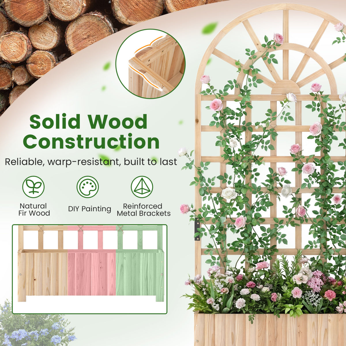 Wooden Raised Garden Bed with Trellis 71 Inch - Natural