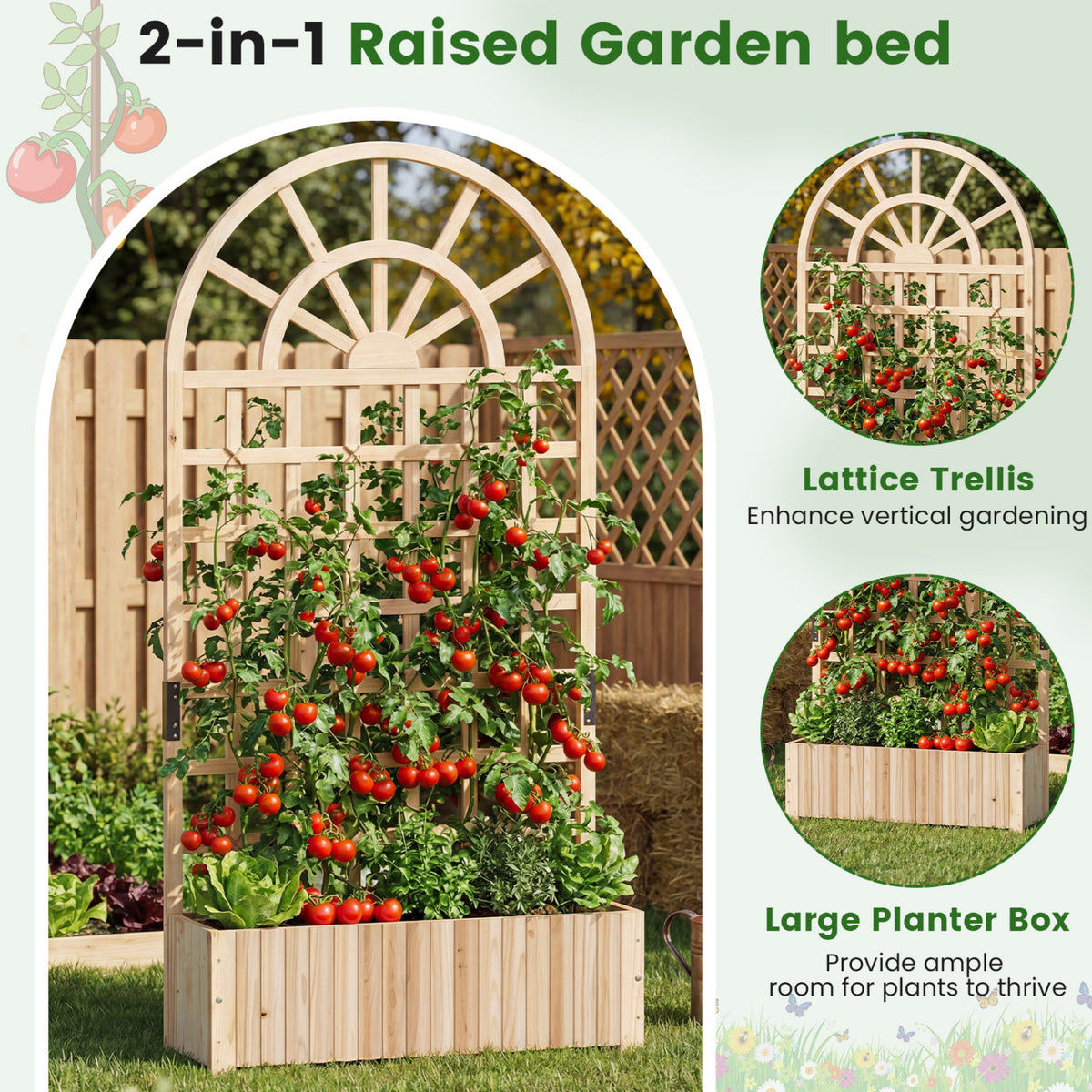 Wooden Raised Garden Bed with Trellis 71 Inch - Natural