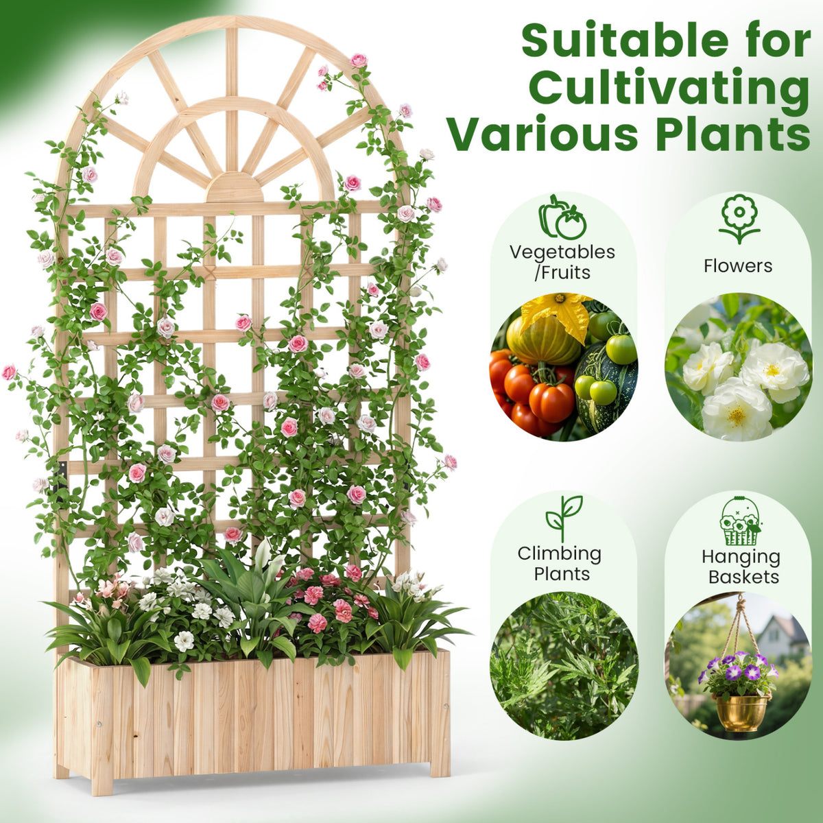 Wooden Raised Garden Bed with Trellis 71 Inch - Natural