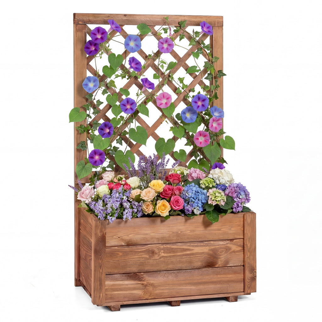 Wooden Raised Garden Bed with Lattice Trellis Drainage Holes