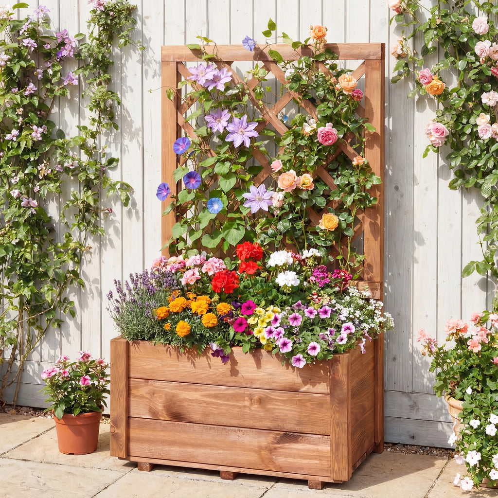 Wooden Raised Garden Bed with Lattice Trellis Drainage Holes