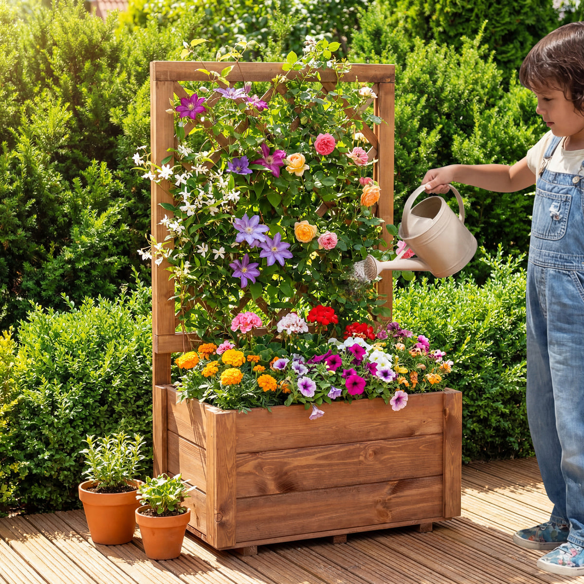 Wooden Raised Garden Bed with Lattice Trellis Drainage Holes