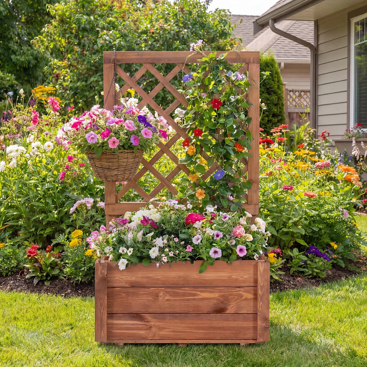 Wooden Raised Garden Bed with Lattice Trellis Drainage Holes