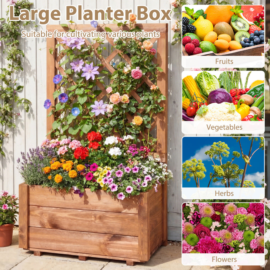 Wooden Raised Garden Bed with Lattice Trellis Drainage Holes