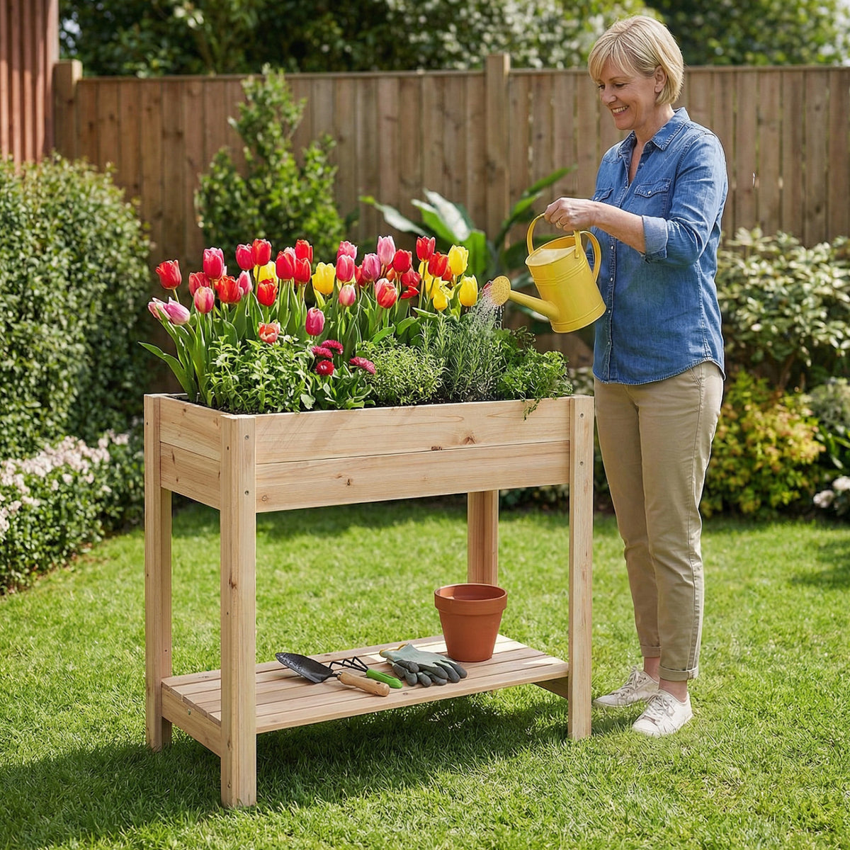 Wooden Raised Garden Bed with Legs and Storage Shelf - 30 Inches