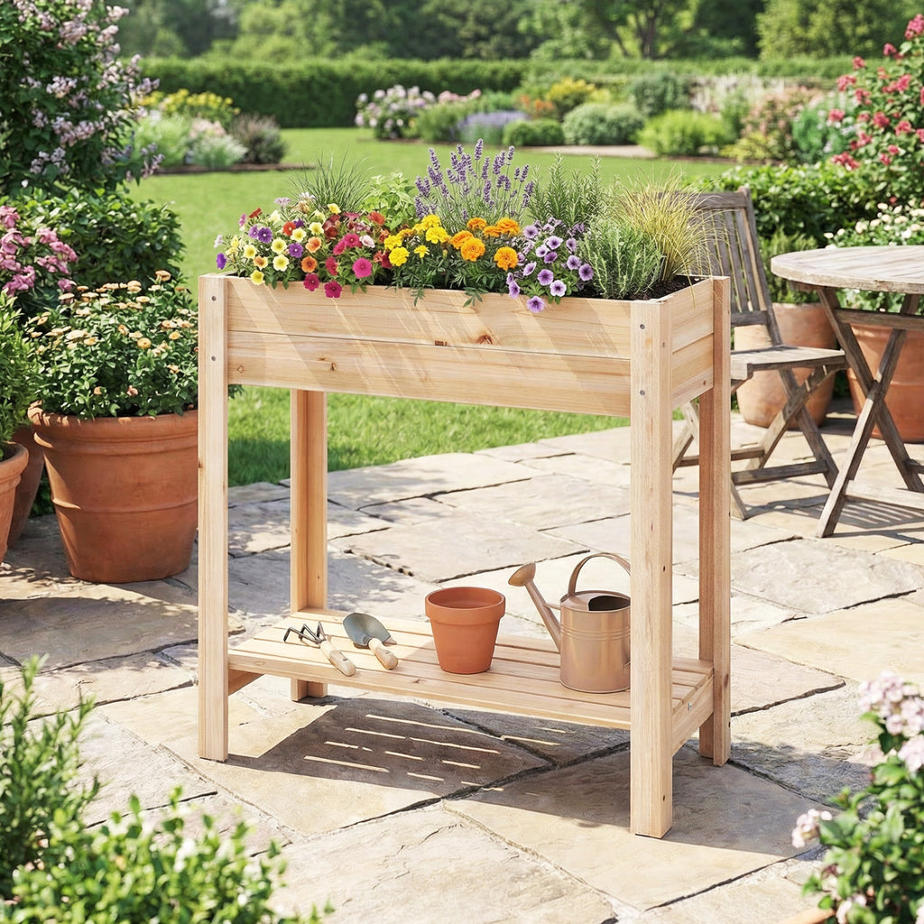 Wooden Raised Garden Bed with Legs and Storage Shelf - 30 Inches