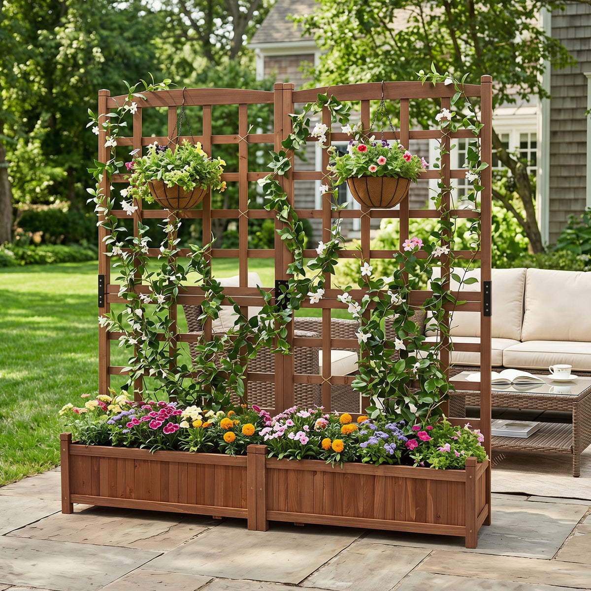 Outdoor Dual Wooden Raised Garden Bed with Trellis and Drainage Holes