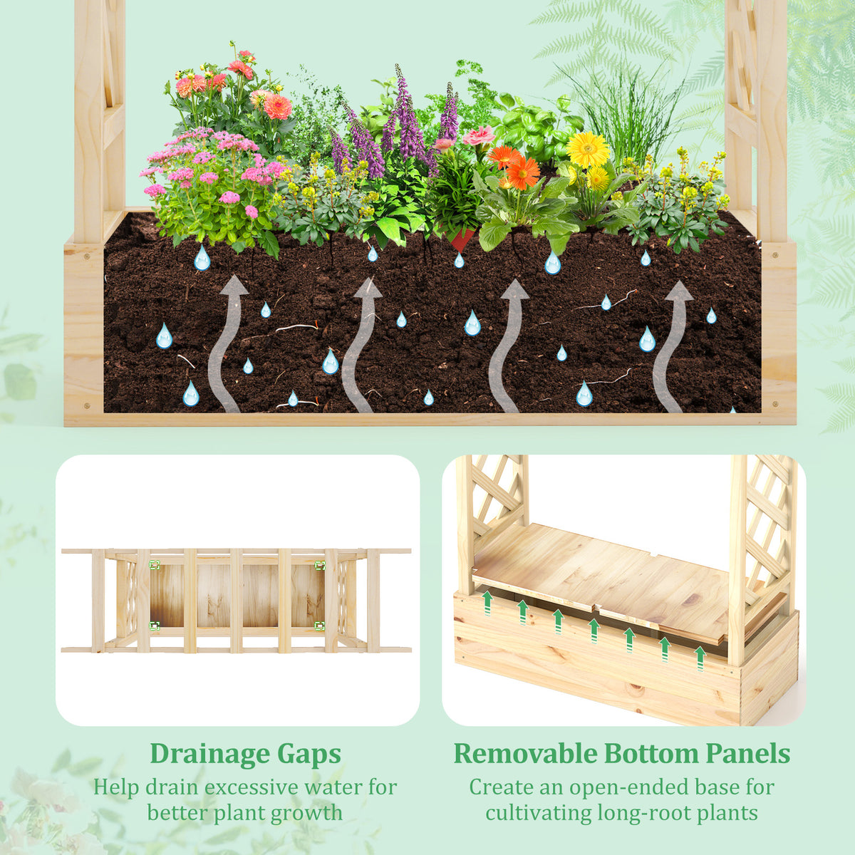 Wooden Raised Garden Bed Planter Box with Trellis – 44 x 14 x 45 inch