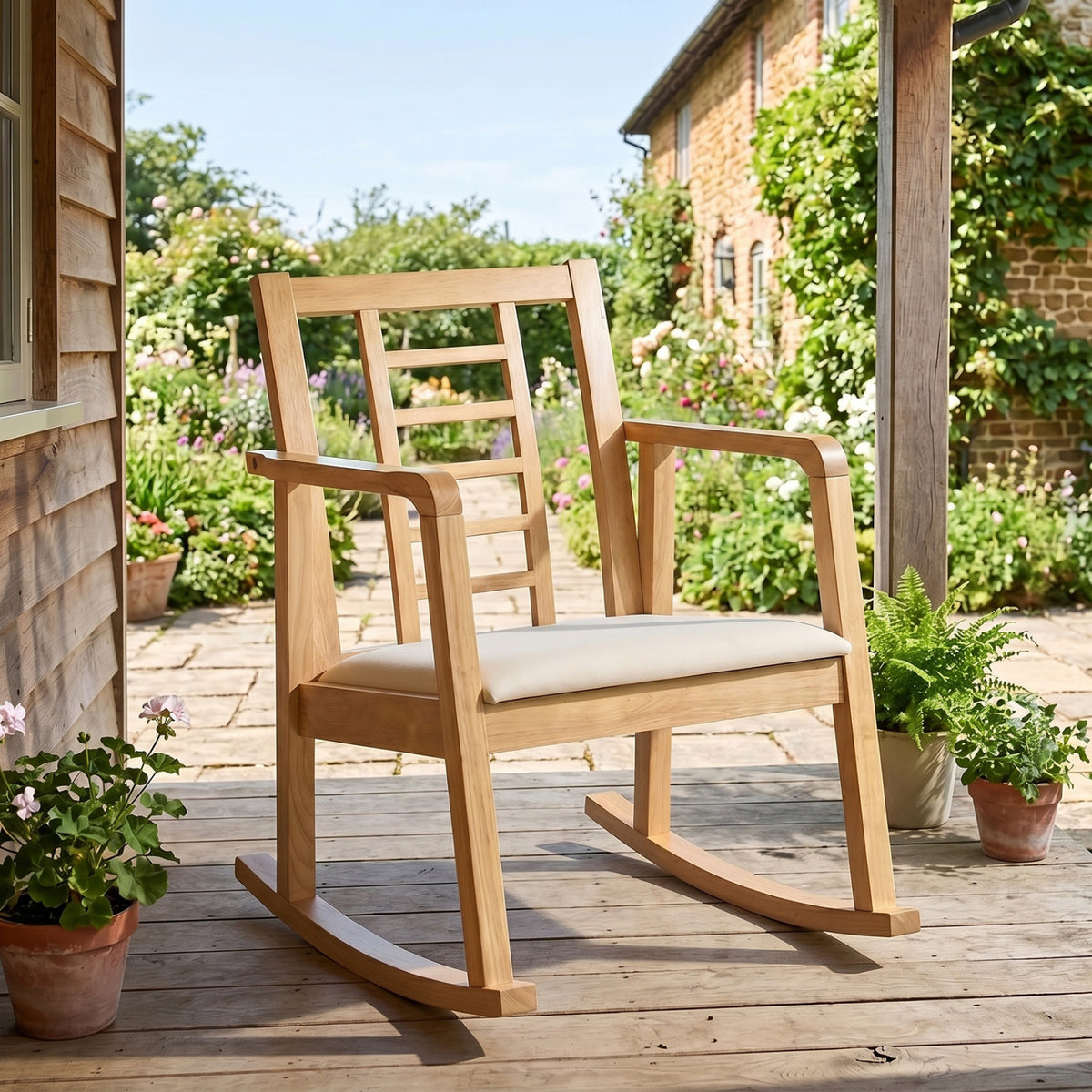 Wooden Rocking Chair with Upholstered Seat and Ladder Back for Living