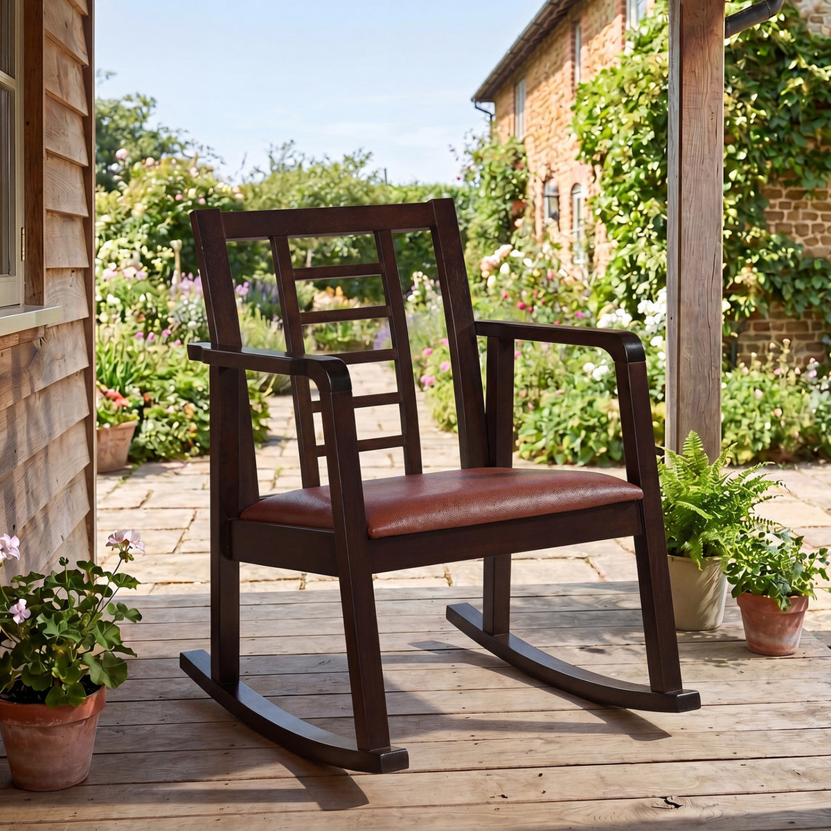 Wooden Rocking Chair with Upholstered Seat and Ladder Back for Living