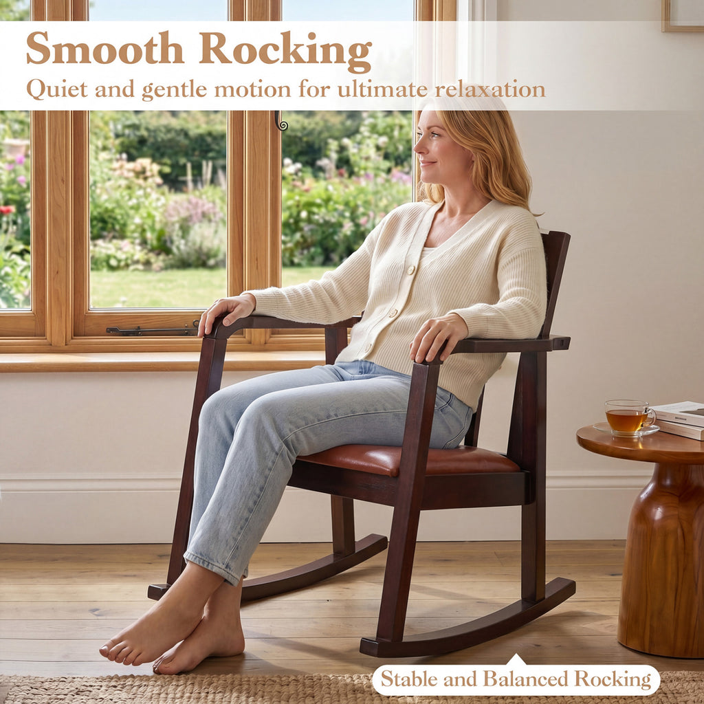 Wooden Rocking Chair with Upholstered Seat and Ladder Back for Living