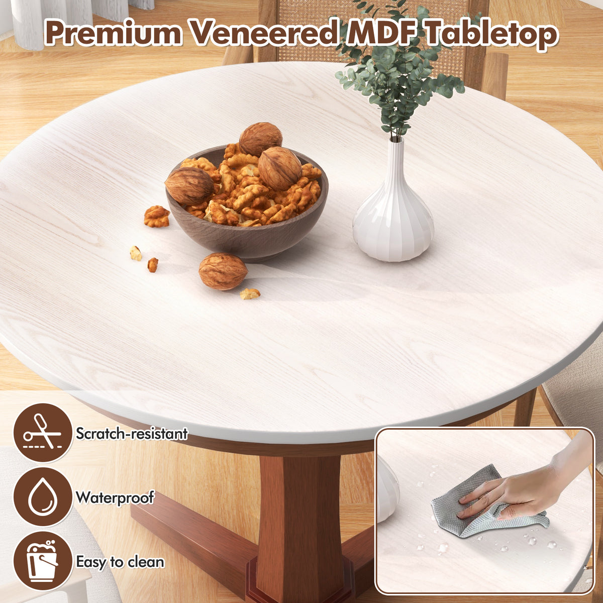 35 Inch Wooden Round Dining Table with Pedestal Base - White