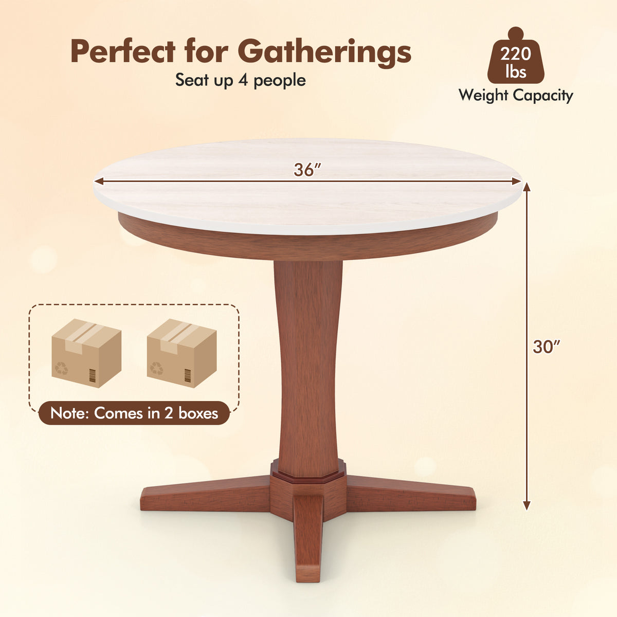 35-Inch Round Dining Table with Pedestal Base - White