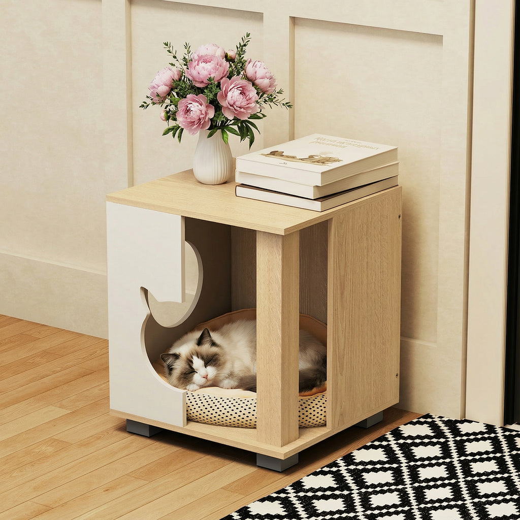 Wooden Semi-Enclosed Cat Condo with Kitty Head Entry & Metal Legs - Natural Variation