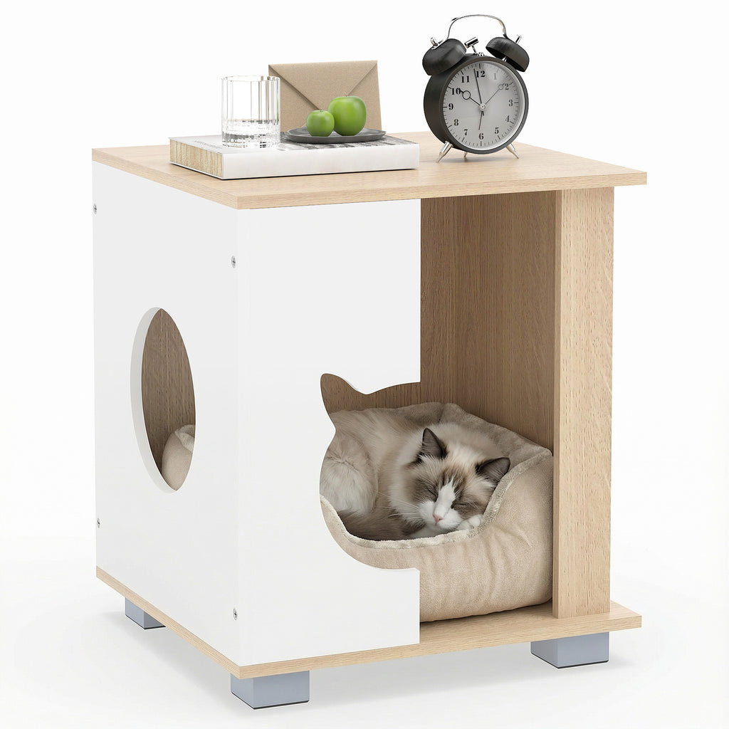 Wooden Semi-Enclosed Cat Condo with Kitty Head Entry & Metal Legs - Natural Variation