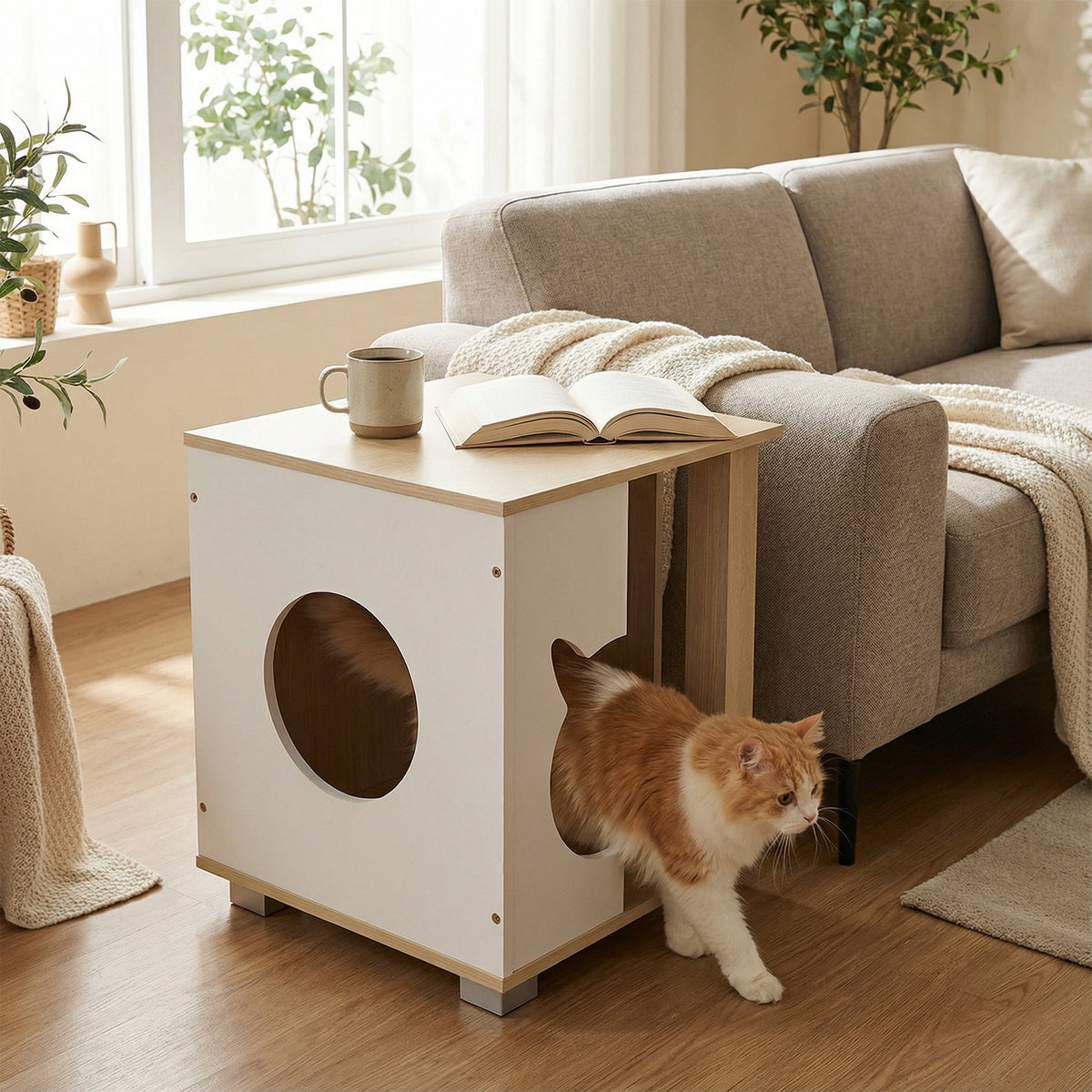 Wooden Semi-Enclosed Cat Condo with Kitty Head Entry & Metal Legs - Natural Variation