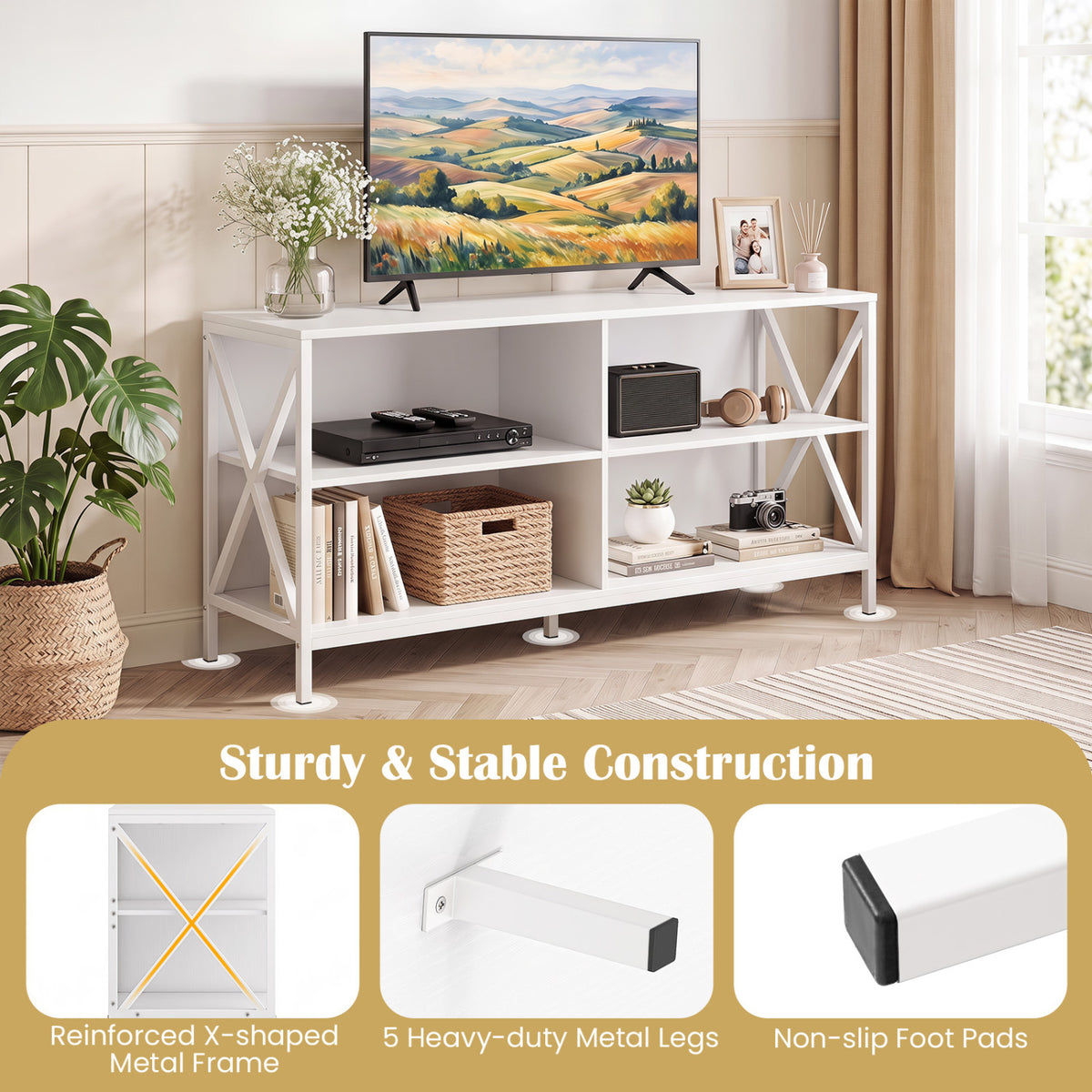 55-Inch TV Stand with Storage & X-Frame - White